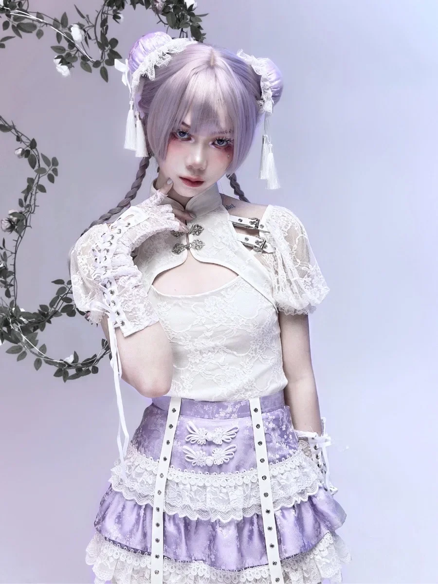 Chemisier à manches courtes en dentelle blanche pour filles, design chinois, chemise évidée, rétro, fête, gothique, sexy, doux, haut de smoking