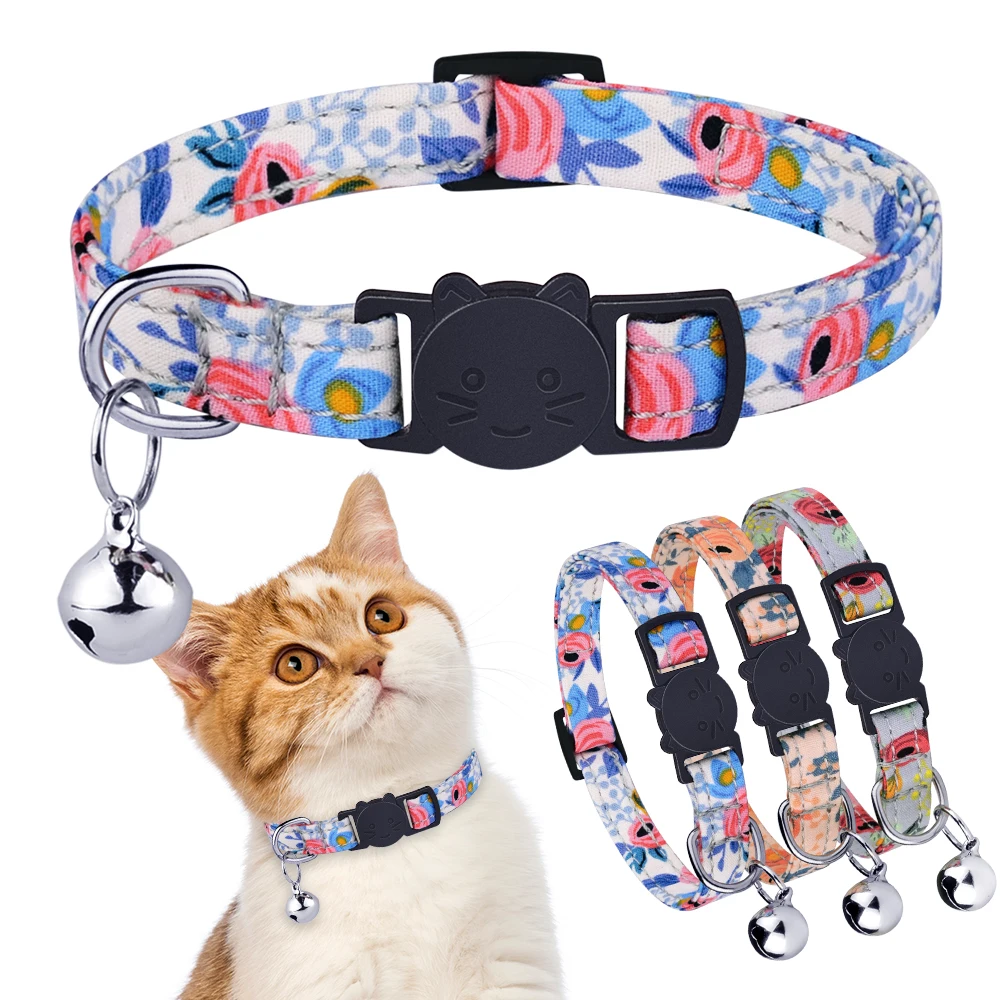 Personalized Engraved Flower Cat Collar Bell Pet Products Small Large Cat Collar Unisex Kitten Supplies Cat Tag Small Cat Collar