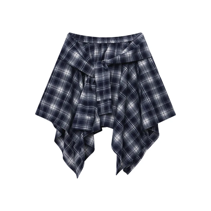 Women Plaid Skirts Knee Lenth Skirt Irregular Hem A Line High Elastic Waist Loose Office Lady Elegant Casual 2025 Spring Autumn