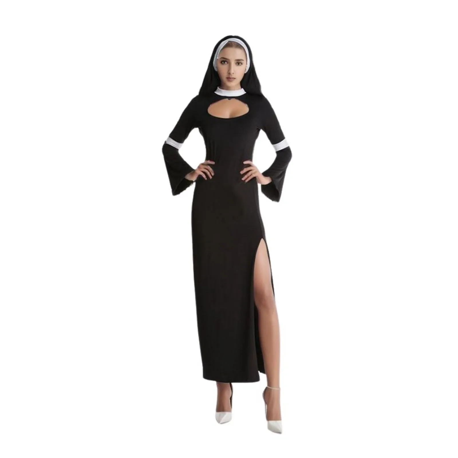 Halloween Costumes For Women The Nun Costume 2024 New Sexy High Split Fantasia Adulto Cosplay Clothing Dress Headscarf Cross