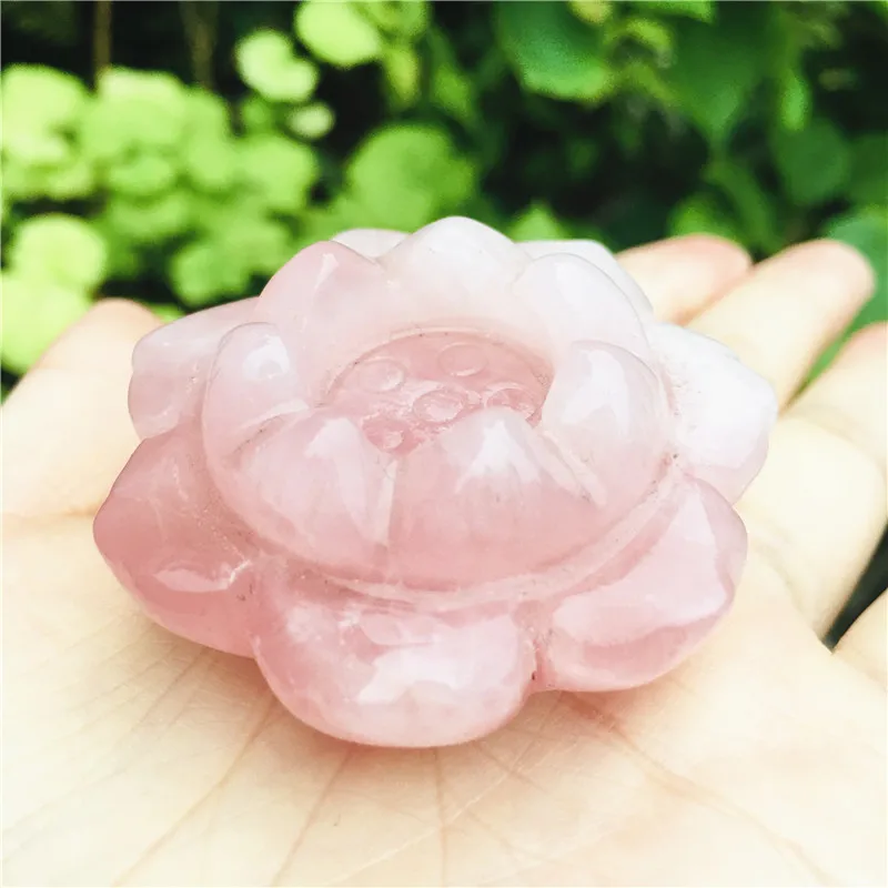 50mm Natural crystal rose quartz lotus and green jade leaf home decoration