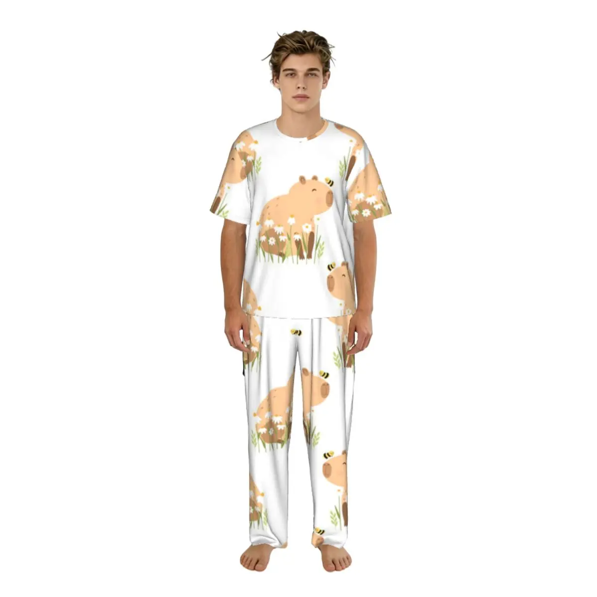 Men Pajamas Set Funny Smile Capybara With Flowers And Bee Short Sleeve Spring Summer Lounge Sleepwear Male Nightwear