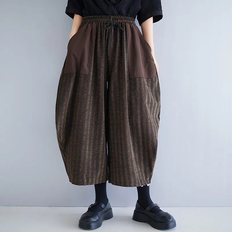 women Retro Chinese corduroy striped minority art vase pants bud pants loose light and comfortable stitching casual pants.