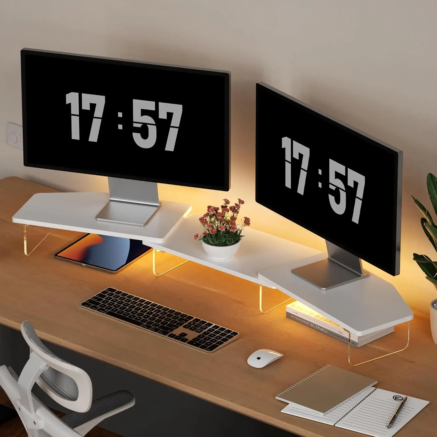 

Регулируемая подставка для двух мониторов с 3 полками, удлиненная конструкция для компьютеров, ноутбуков и телевизоров