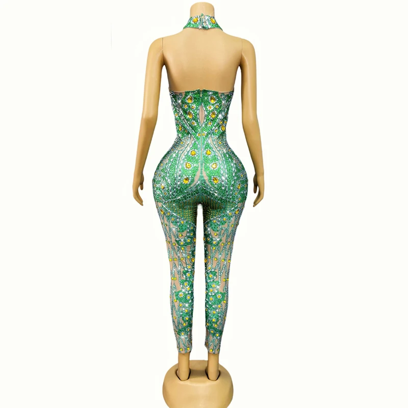 Combinaison sans manches avec strass verts pour femmes, tenue de Festival sur scène de chanteur, discothèque Dj Ds, vêtements de pôle danse, Costume Gogo XS9664