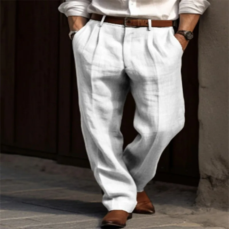 Men\'s Linen Pants Double Pleated Front Pockets Straight Tube Solid Comfortable Breathable Leisure Vacation Cotton Blend Fashion