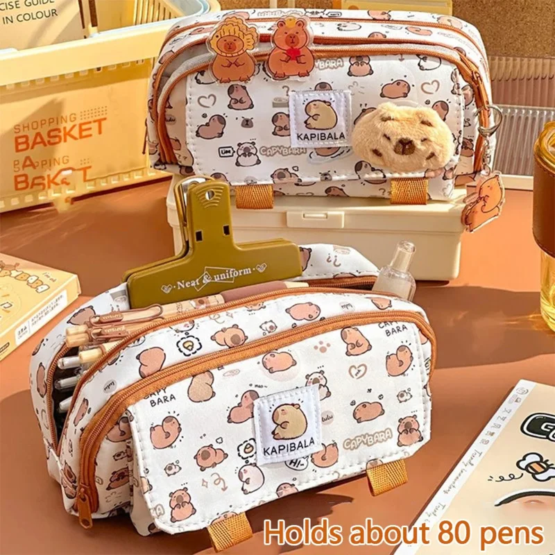 Capybara Four Layer Large Capacity Pen Case Cute Cartoon Pencil Case Stationery Organizer Storage Bag For Students Gift