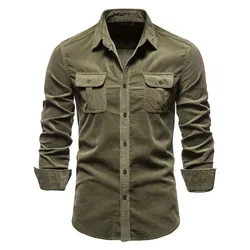 Camisas de pana de algodón 100% para hombre, blusas informales ajustadas de Color sólido, camisa Social de manga larga de alta calidad, novedad de otoño