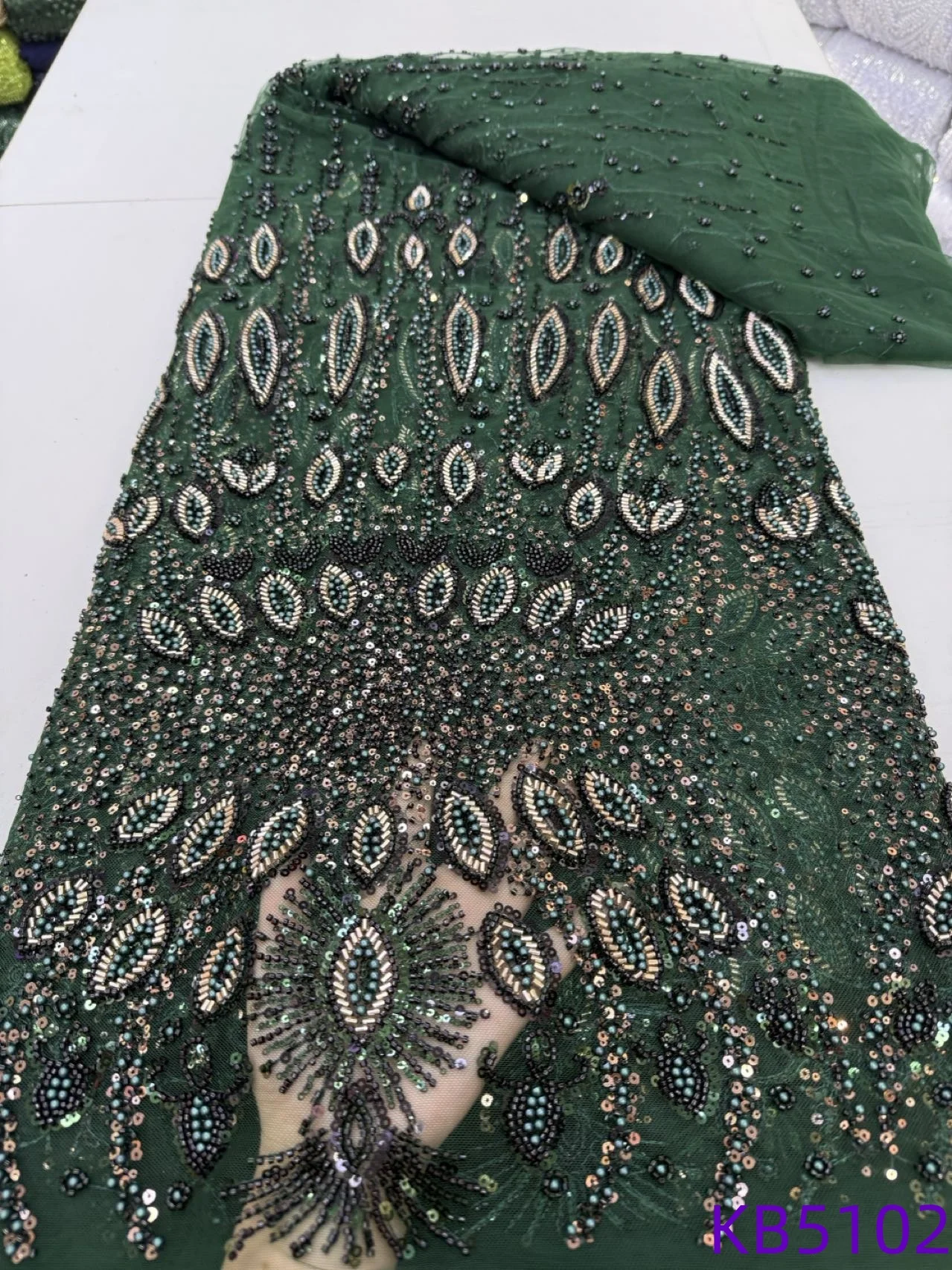 Tela de tul con lentejuelas, tela de encaje con cuentas, tela africana de encaje de alta calidad, tela bordada verde de Dubái 2025 para coser 5102