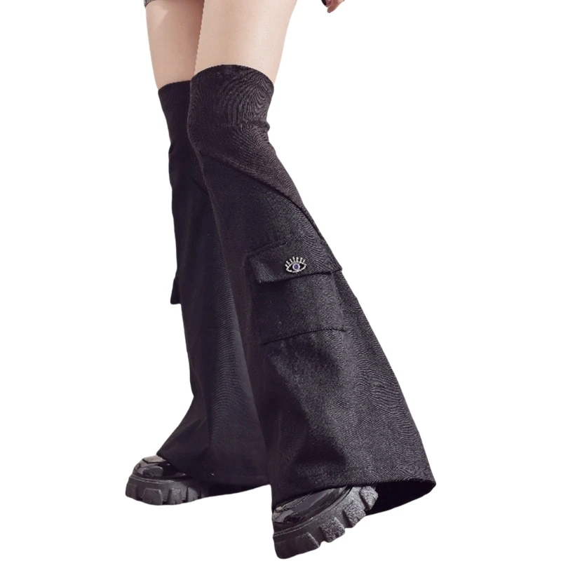 Women Harajuku Punk Ribbed Cuffs Baggy Leg Sleeves with Rhinestones Pocket Denims Leg Warmer Flared Thigh High Stockings