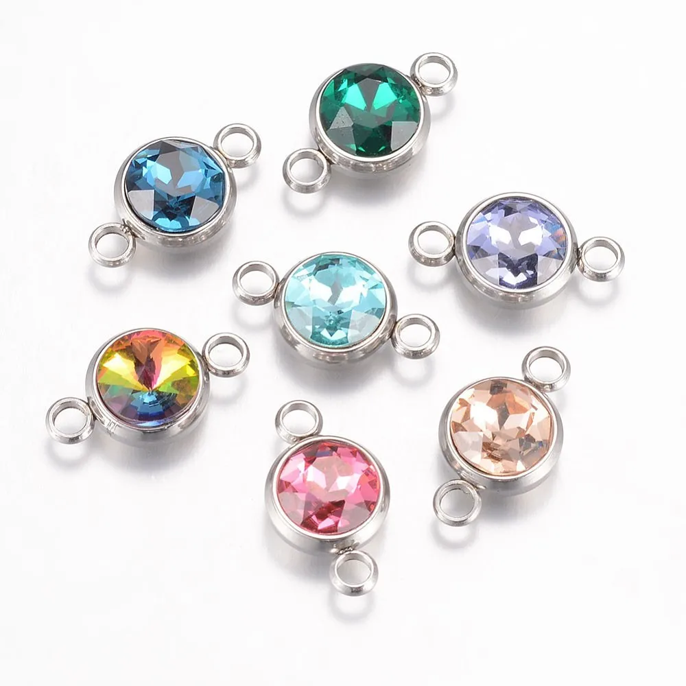 

20Pcs K9 Glass Links connectors, Faceted, with 304 Stainless Steel Findings, Flat Round, Stainless Steel Color, Mixed Color