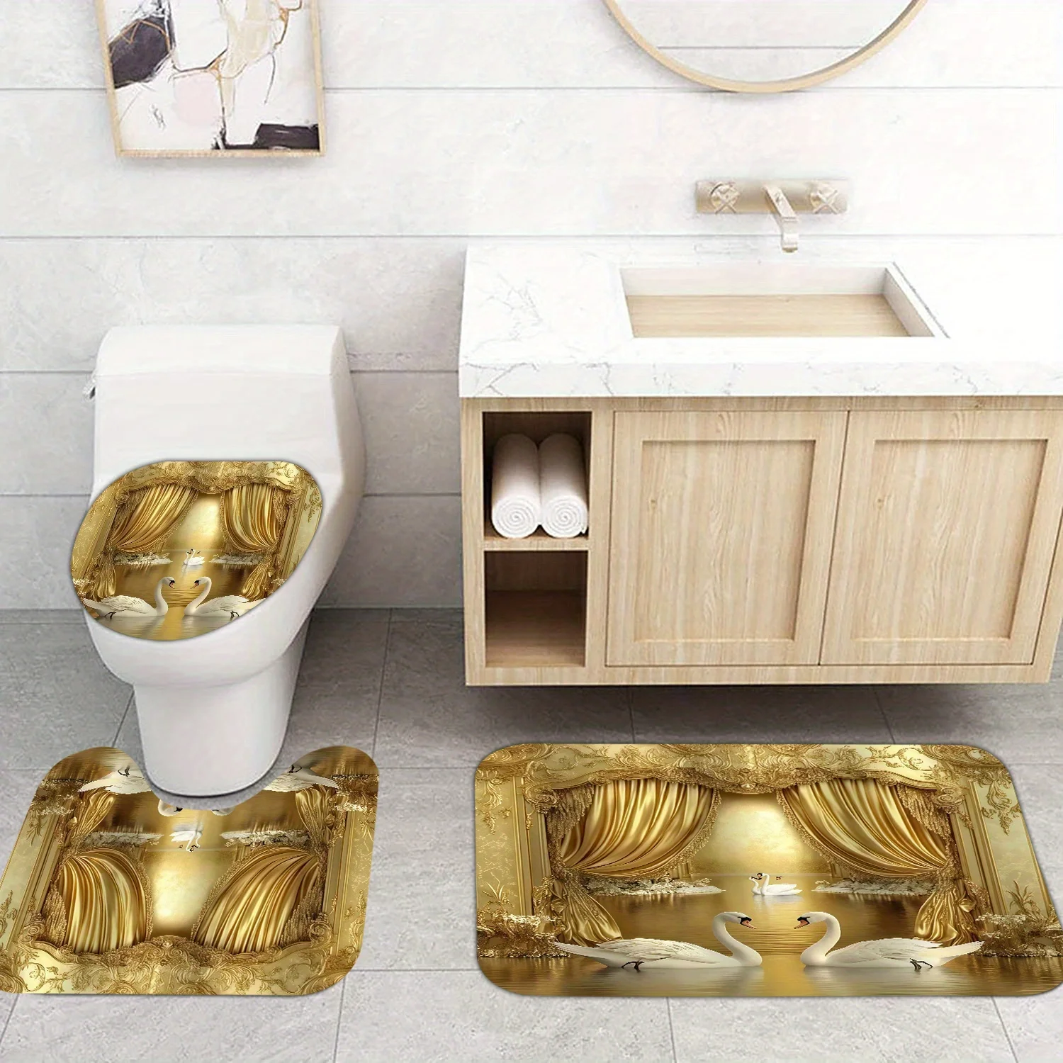 Golden Swan 3pc Bath Set – European Palace Style, Non-Slip Toilet Cover, U Mat & Floor Rug, Washable Luxury Bathroom Decor