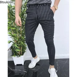 New 2026 Men's Casual Pants Men Stretch Ankle-length Pants Pencil Pants with Pockets Male Fashion Slim Striped Business Trousers