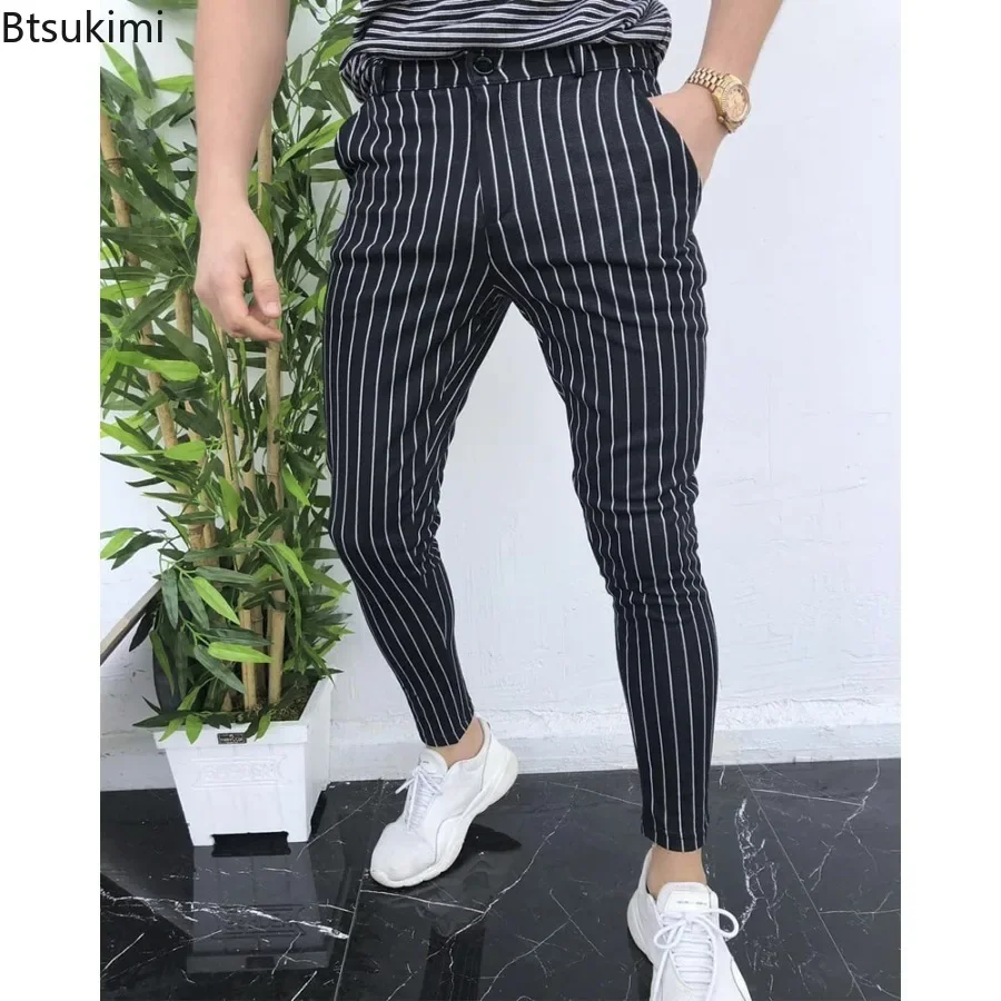 New 2026 Men's Casual Pants Men Stretch Ankle-length Pants Pencil Pants with Pockets Male Fashion Slim Striped Business Trousers