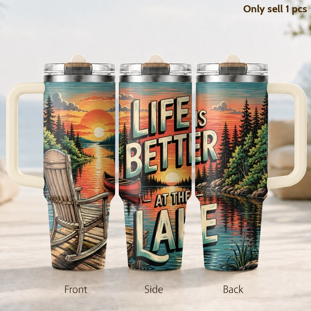Lake Life Sunset Canoe Vacuum Flasks 40oz 3rd Gen Vacuum Insulated Stainless Steel Tumbler Cup with Handle Straw Lid for Gifts