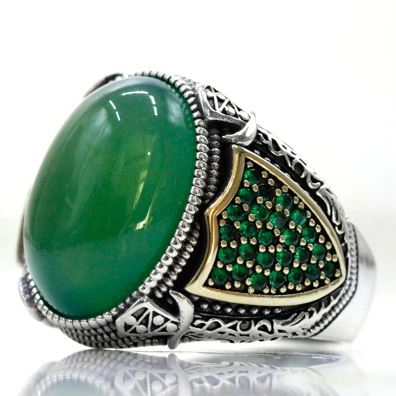 S925 Sterling Silver Men's Ring Black Natural Green Agate Jewelry Retro Gift Women Türkiye Handmade Jewelry Luxury Muslim Gift