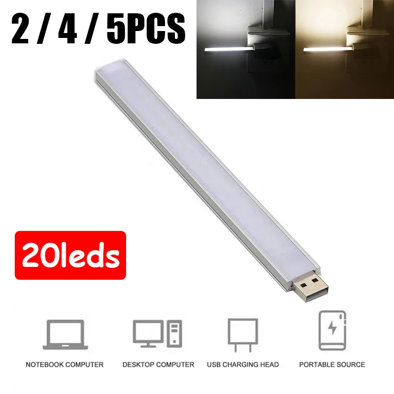 2/4/5PCS Mini USB LED Night Light 20LEDs Book Lamp DC 5V Reading Light Ultra Bright LED Lamp For Notebook Power Bank Lighting