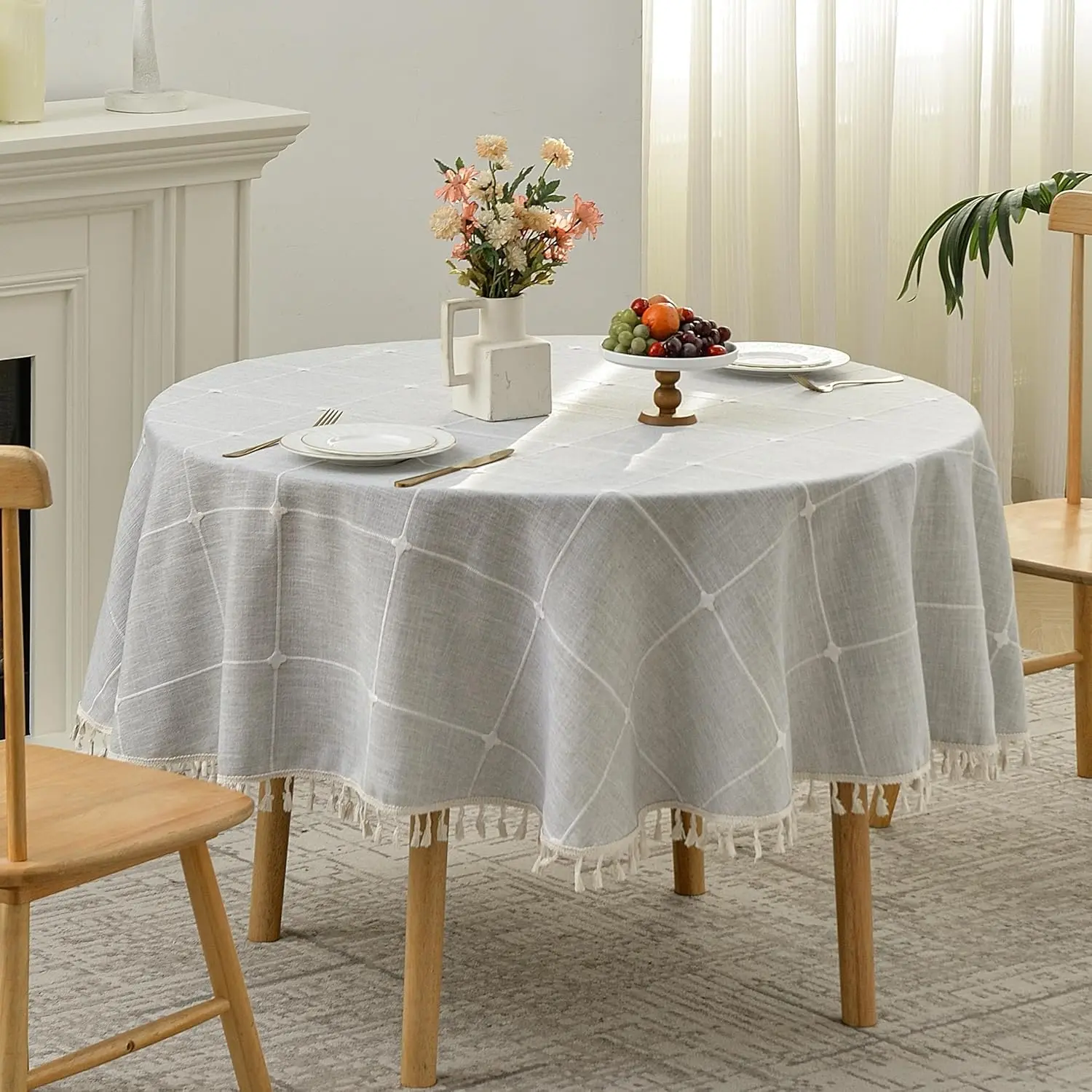 

Rustic Farmhouse Round Tablecloth, Boho Embroidery Table Cover Heavy Weight Cotton Linen Table Cloth for Party Kitchen Dining