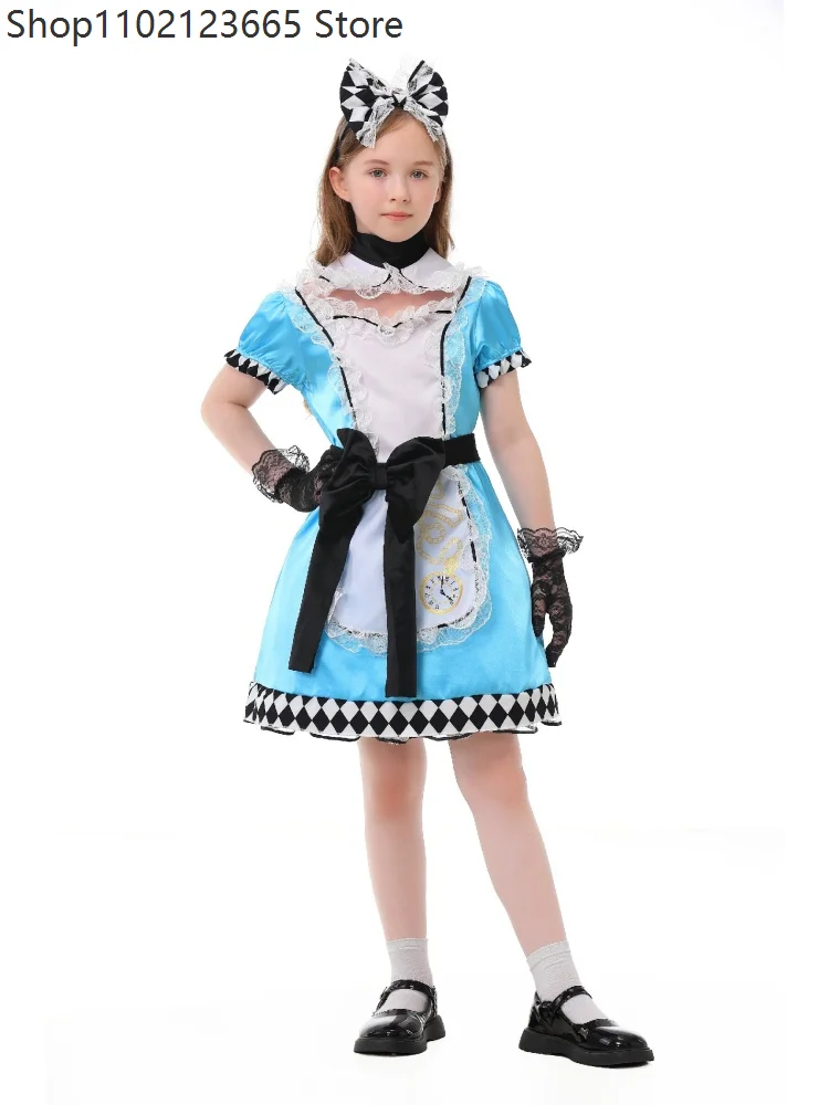 Womenin Wonderland Maid Mini Dress Cosplay Costume Lace Bow Clock Print Music Festival Circus Stage Performance Carnival Outfit