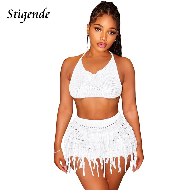 

Stigende Summer Knit Two Piece Set Women Hollow Out Tassels Mini Skirt Spaghetti Strap Crop Top Beach Wear