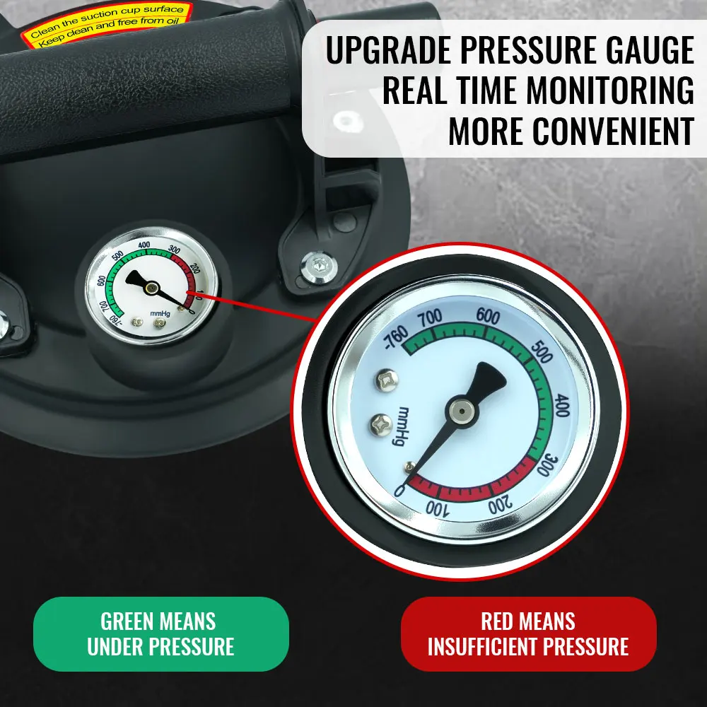 Ventosa a vácuo de 8 polegadas 250kg com medidor de pressão, espalhador a vácuo de sucção de telha cerâmica resistente, vidro de granito