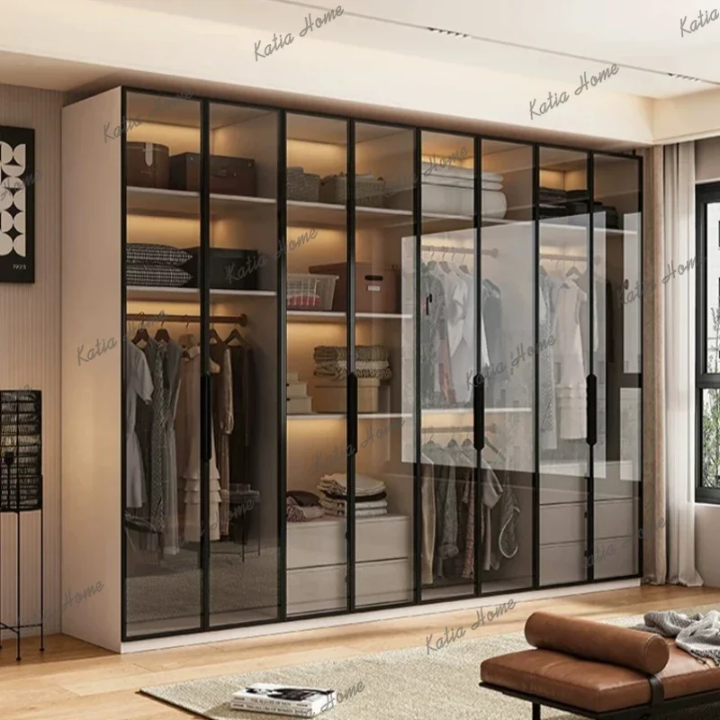 FG Modern Minimalist Dark Metal Frame Display Armoire Modular Spliced Glass Door Clothes Cabinet with Multi-Layer Partition Stor