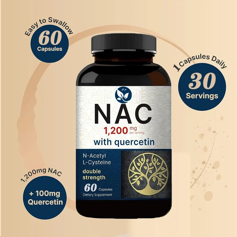 Nac Suplemento 1200mg 60 Cápsulas, N-acetilcisteina que contiene Quercetin de Doble Fuerza - Apoyo Inmunológico, Hígado y Pulmón