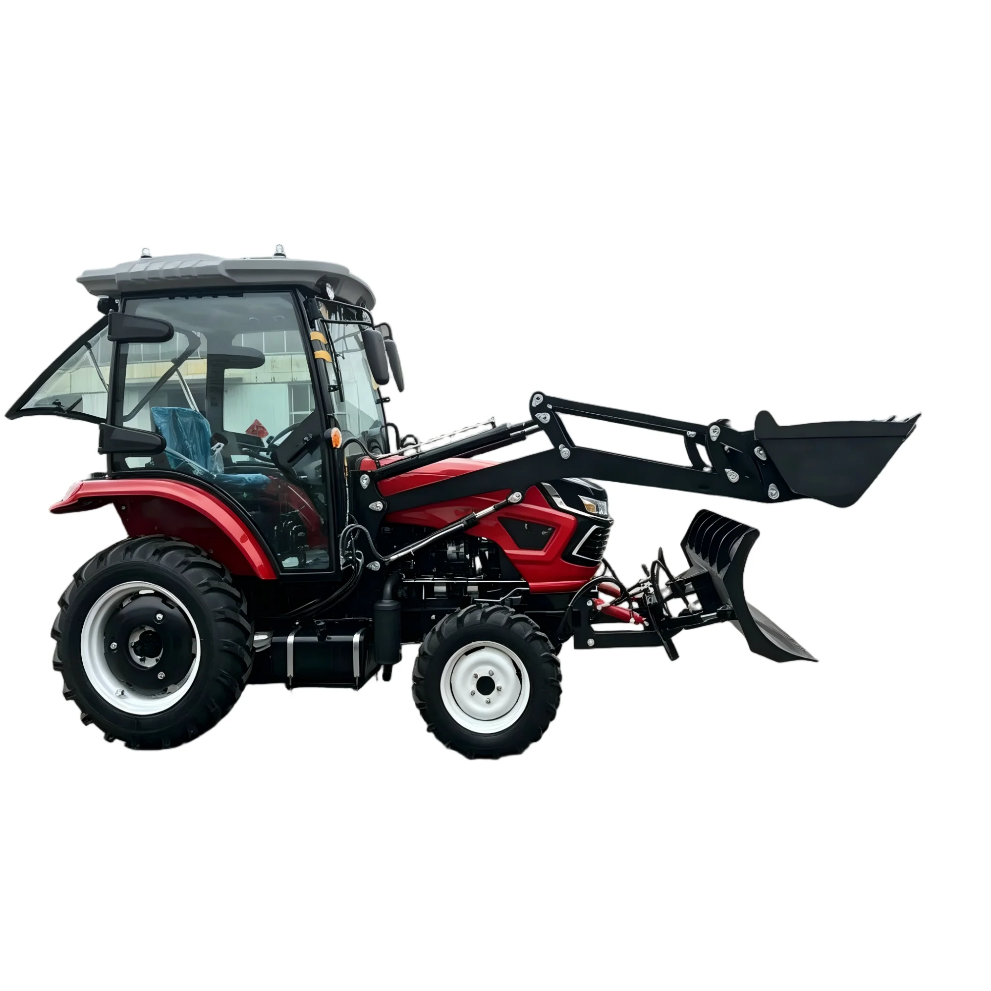 4WD Diesel Cabin Farm Tractor With Front Loader Bucket Hydraulic Snow Plow Blade Multifunctional Farm Loading Winter Snow