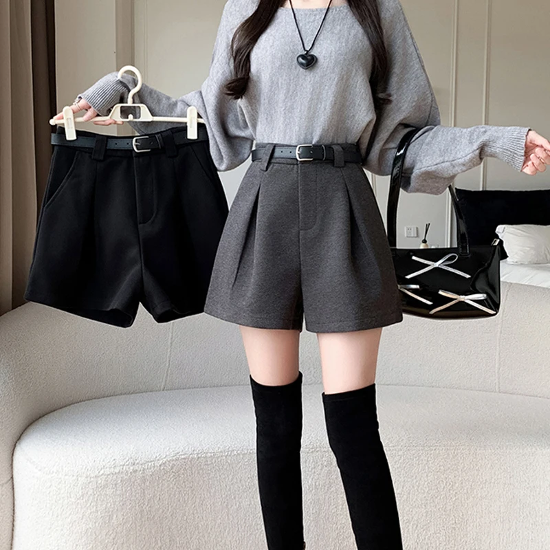 2025年秋冬向け レディース ウール ショートパンツ ハイウエスト プリーツ Aライン ゆったり カジュアル 厚手 ブーツパンツ 快適なショートパンツ