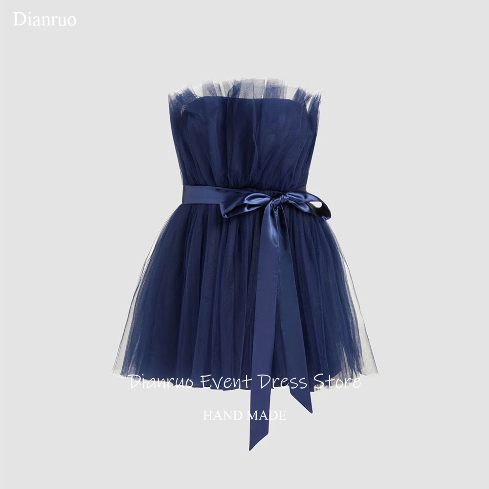 

Dianruo Dreamy Strapless Bow Prom Dresses Pleated Navy Blue Tulle Homecoming Dress A Line Mini Brithday Party Dress Customized