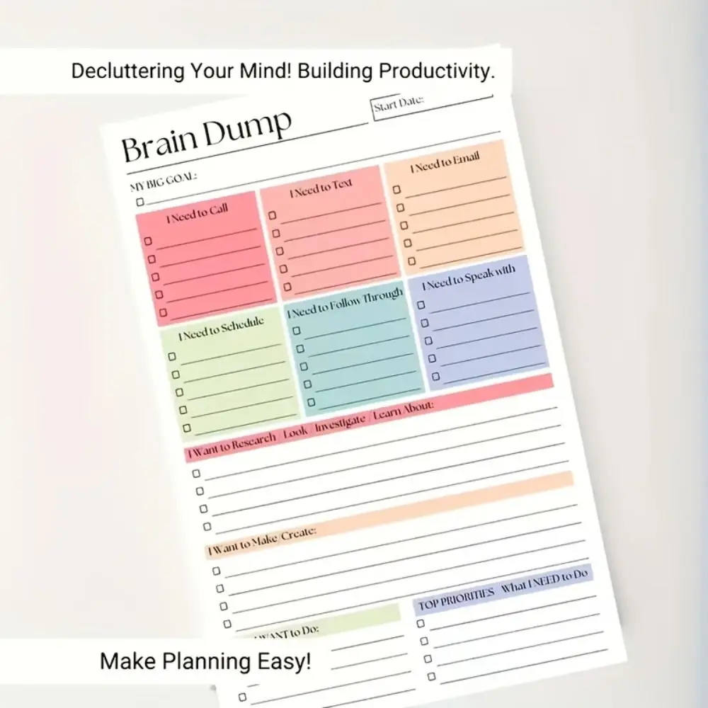 2Pcs 25 Sheets Brain Dump Notebook Tear Away Design A5 Size Daily Planning Manual High-Performance Creative To-Do Planner