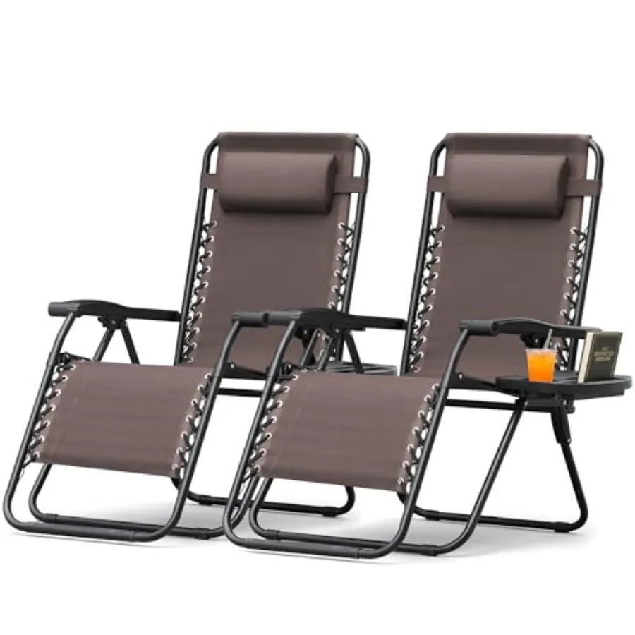 

Outdoor zero gravity patio folding lawn chairs for poolside, backyard, and beach use; brown polyester fabric with memory foam p