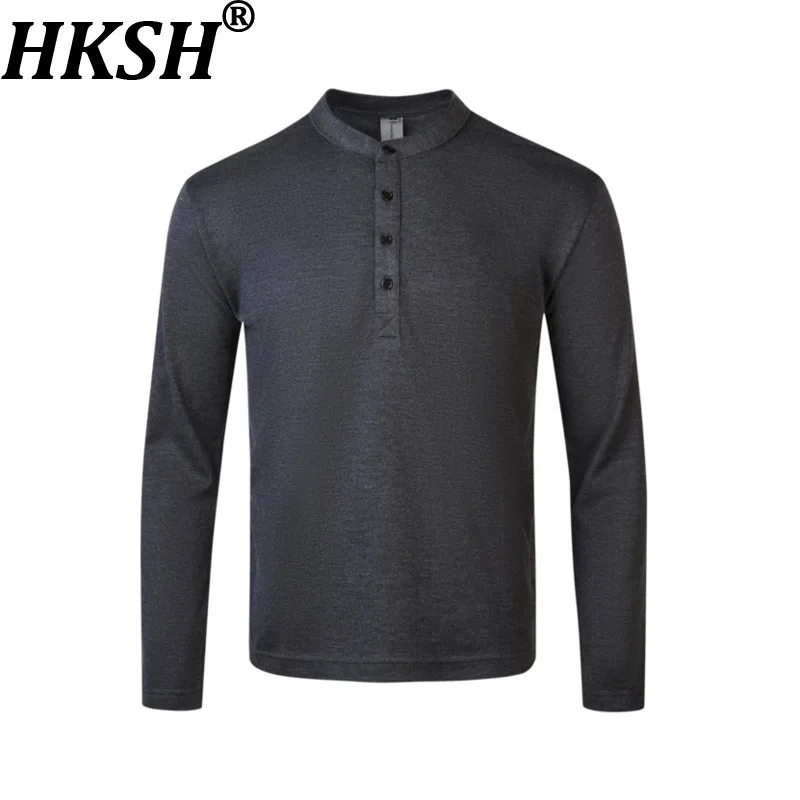 

HKSH Весенне-Осенняя новая мужская элегантная модная однотонная футболка из смесовой шерсти с длинными рукавами, трендовые тонкие вязаные топы на пуговицах HK13971