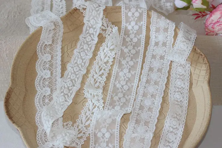 3yards/lot Paper white Cotton Embroidered Lace Trims Double Size Crochect Flower Mesh Wedding Lace Material X929