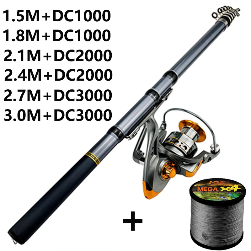 GHOTDA Carbon Fiber Short Telescopic Rock Fishing Rod 1.5-3M and Spinning Reel 1000-3000 Series with Braided Line Gift Full Kits