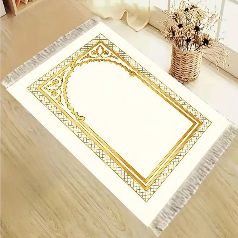 VIKAMA Floral Border Prayer Rug Soft Beige Muslim Prayer Mat for Home and Travel