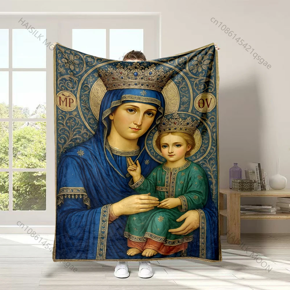 1PC Religious painting mother child Faith-printed Flannel Blanket Soft and Warm Suitable for Home Travel Picnics Camping RV
