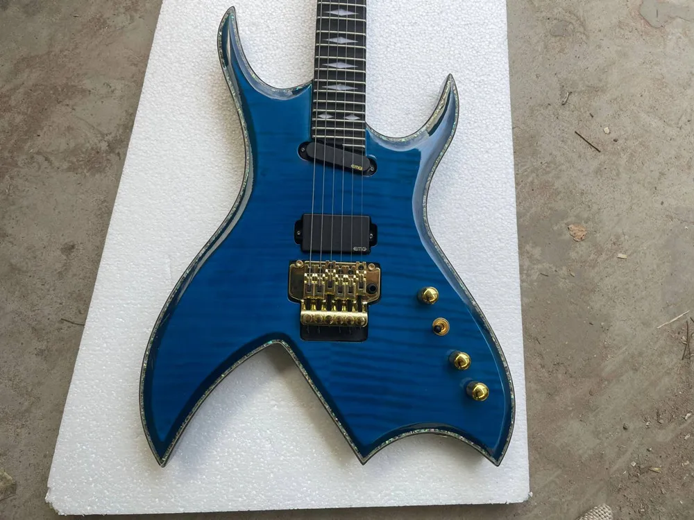 Blue Body Electric Guitar with Flame Maple Top Scalloped Fretboard,Gold Hardware,Provide customized service