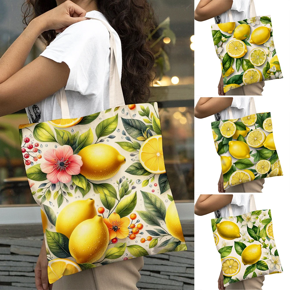 

Cartoon Fruit Lemon Flowers Women Shopper Bags Double Print Big Capacity Child Daily Commute Tote Handbag Lady Shopping Bag
