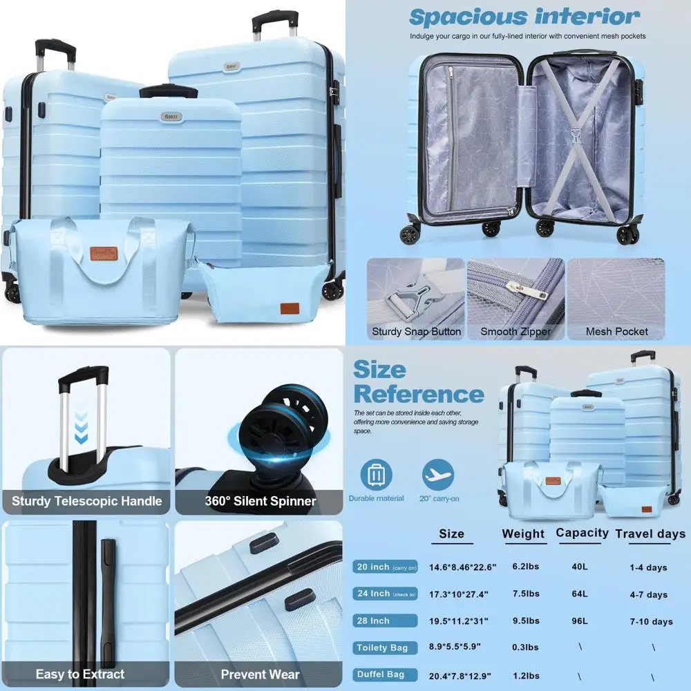 ชุดกระเป๋าเดินทางแบบแข็ง 5 ชิ้น น้ำหนักเบา พร้อมล้อ 4 ล้อ ระบบล็อค TSA และกระเป๋าถือขึ้นเครื่องสำหรับการเดินทาง