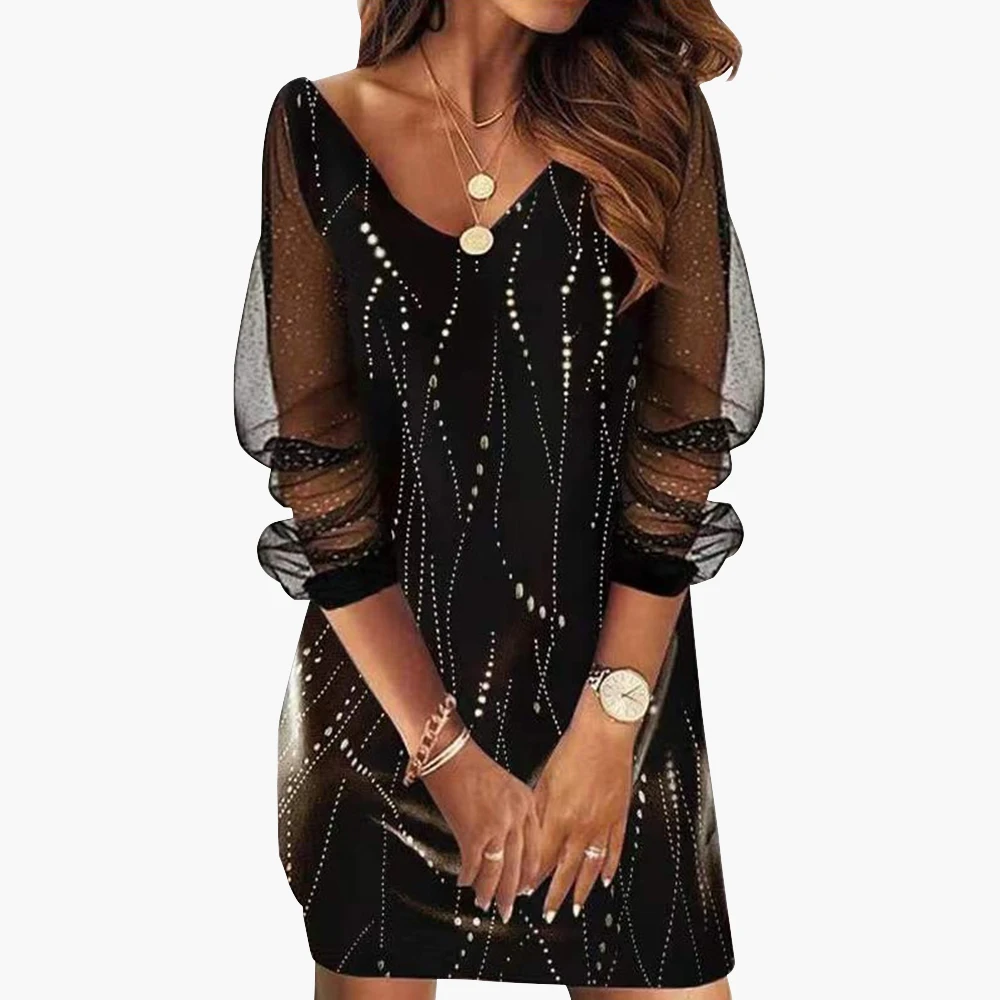 Mini abito con paillettes Nero da donna aderente Clubwear Abiti da sera Manica lunga Corto Slim Fit Scollo a V Mesh Sheer Party