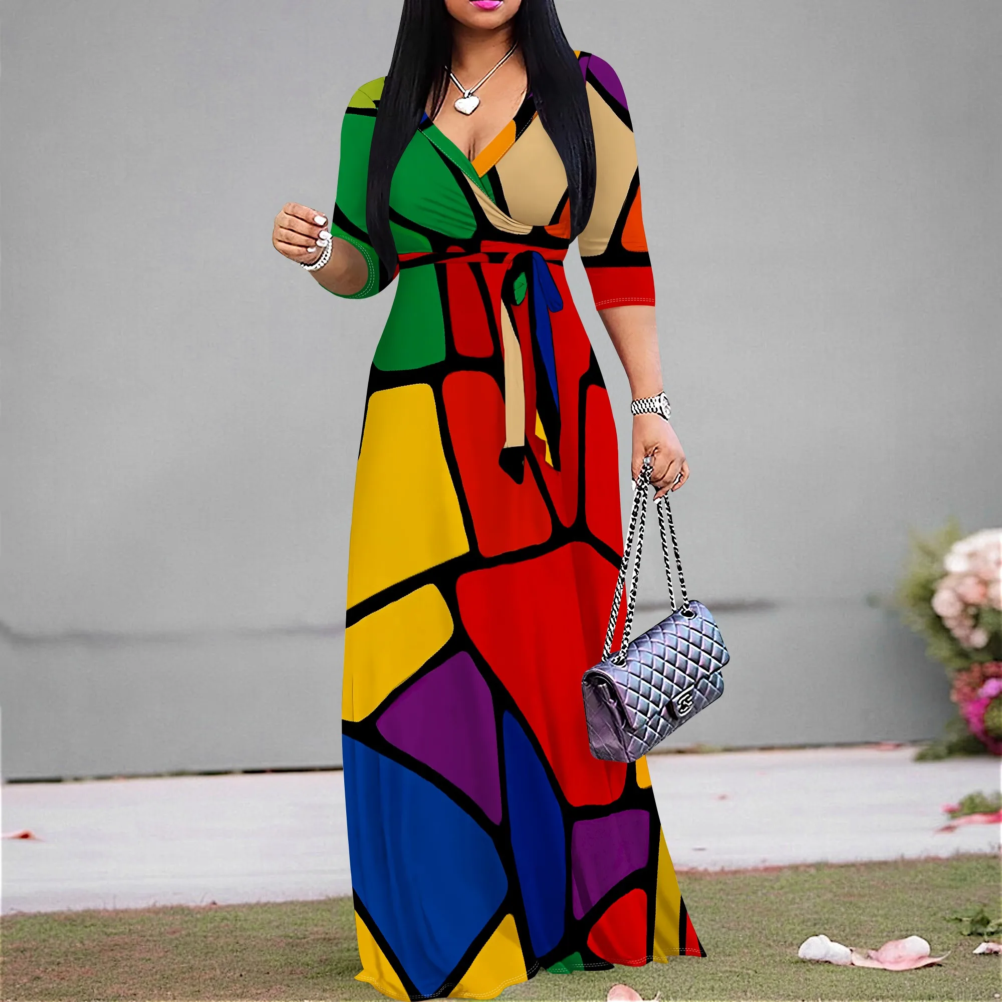 

Colorful Women's Wrap Maxi Dress 2025 New Arrival Abstract Print Spring Summer Party Dress S-3XL