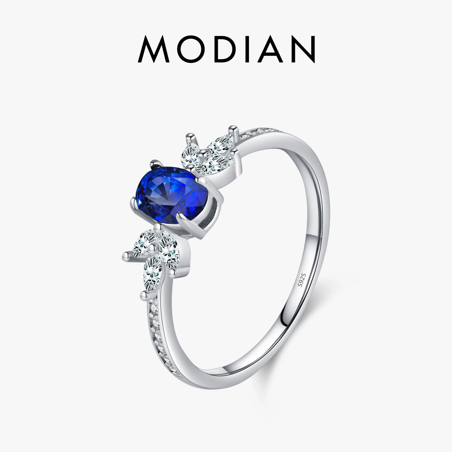 MODIAN 925 Sterling Silver Classic Oval Royal Blue Cubic Zirconia Ring For Women Wedding Engagement Statement Fine Jewelry