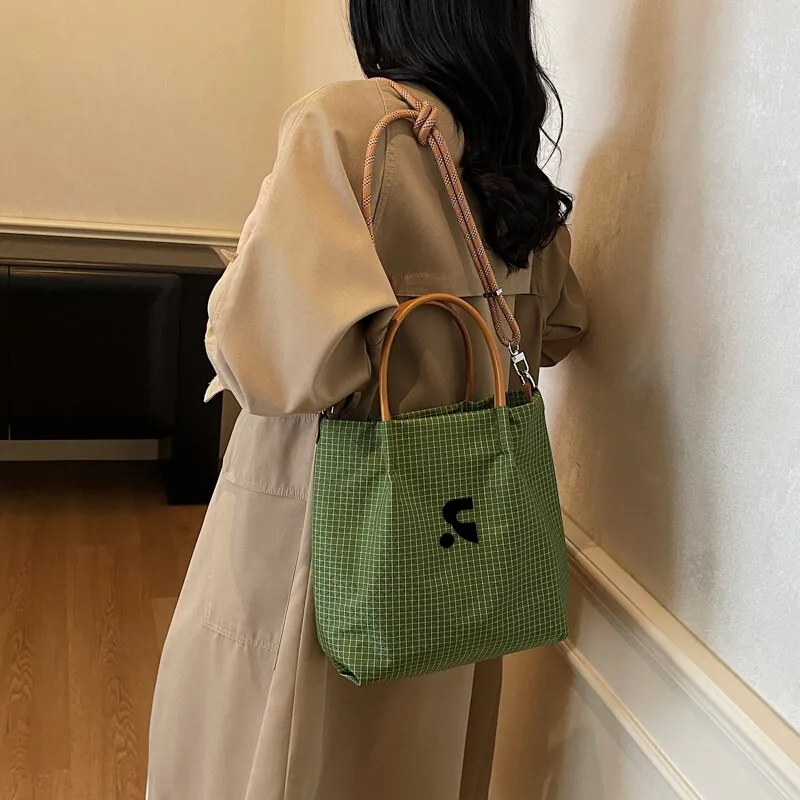 bolso-bandolera-casual-de-lona-a-cuadros-para-mujer-bolso-de-mano-verde-estilo-coreano-con-correa-Unica