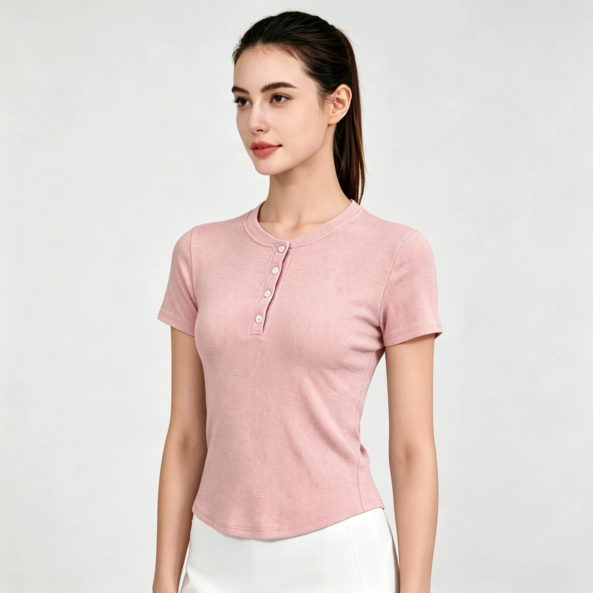 Henley Short-Sleeve Hold Tight Ribbed Women's Summer Slim Fit Luxury Sports Fitness Yoga Short T-Shirt