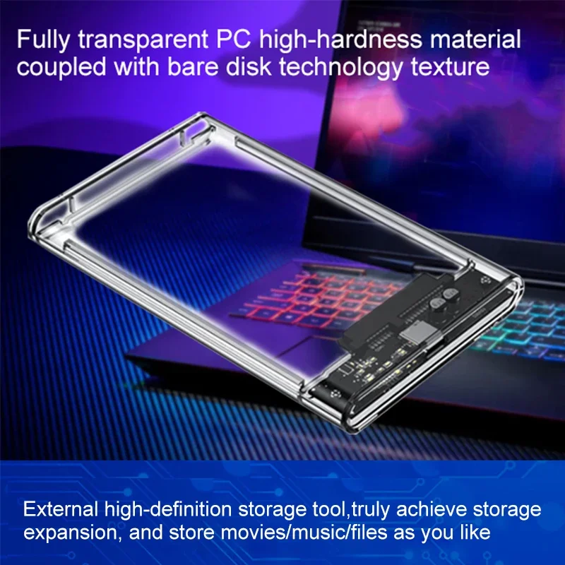 3.0/2.0 HDD Enclosure 2.5inch SATA SSD Hard Drive Case with 5Gbps Transfer Speed and Transparent Design Mobile External Housing