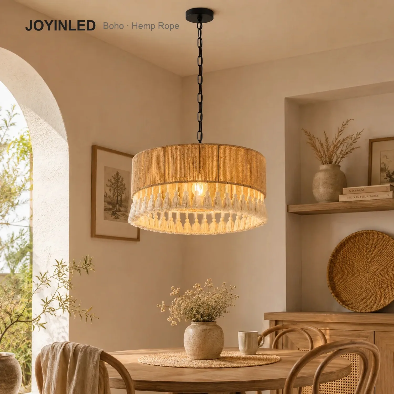 Boho 50CM Hemp Rope Chandelier Pendant Light E27 for Dining Room Handmade Wicker Lampshade Boho Hanging Light Fixture Fringe
