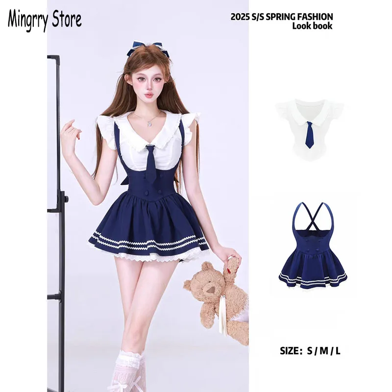 

Women Skirt Set Sweet Flying Sleeve Slim White Shirt Women Lolita Design High Waist Slim Strap Dress Summer Preppy Style New Set