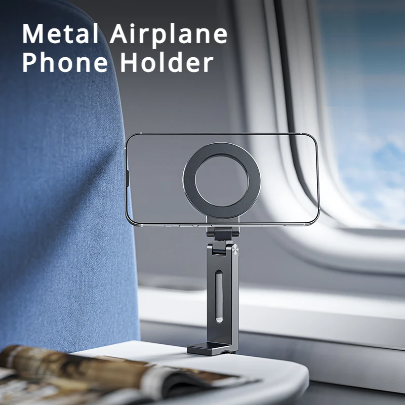 Metal Aluminum Magnetic Airplane Phone Holder Adjustable for Travel Selfie Rotating Desk Clamp Portable Foldable Hook for Apple