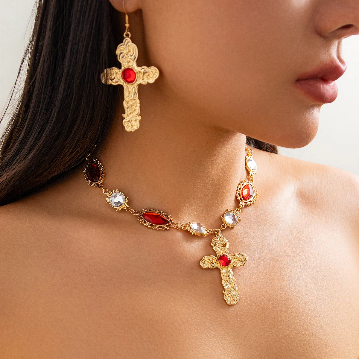 Salircon الفاخرة خمر الأحمر كريستال الصليب قلادة قلادة إسقاط أقراط للنساء أنيقة التصميم الجمالي مجموعات مجوهرات هدية